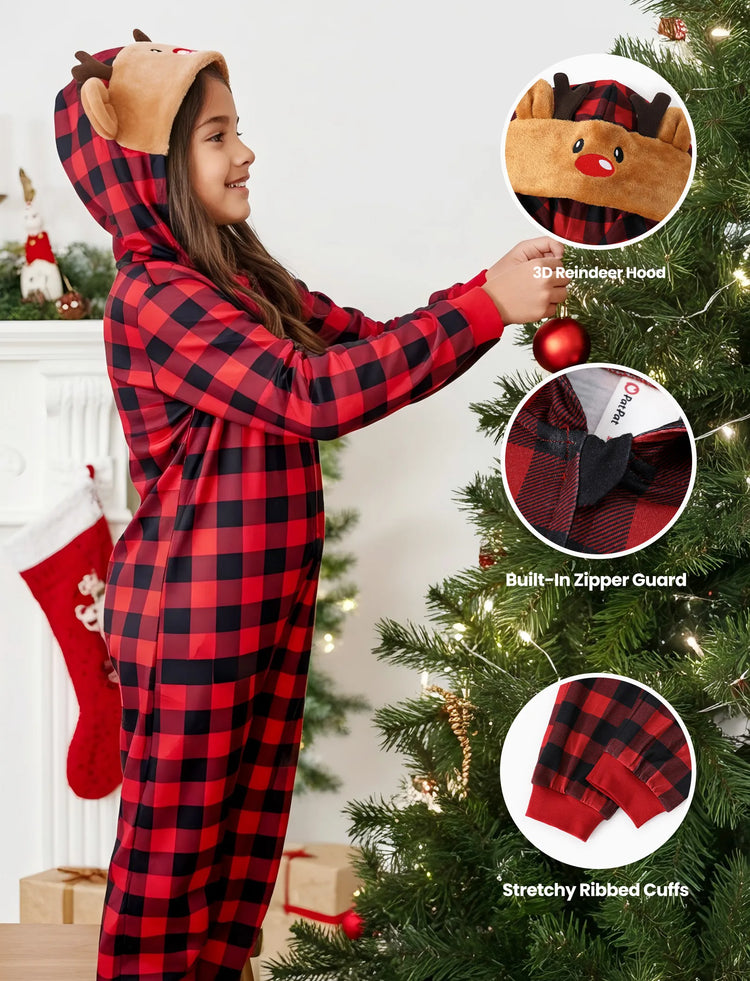 Christmas Matching Family Pajamas Set 3D Reindeer Hooded Allover Plaid Print Red Onesie PJS with Christmas Socks Red