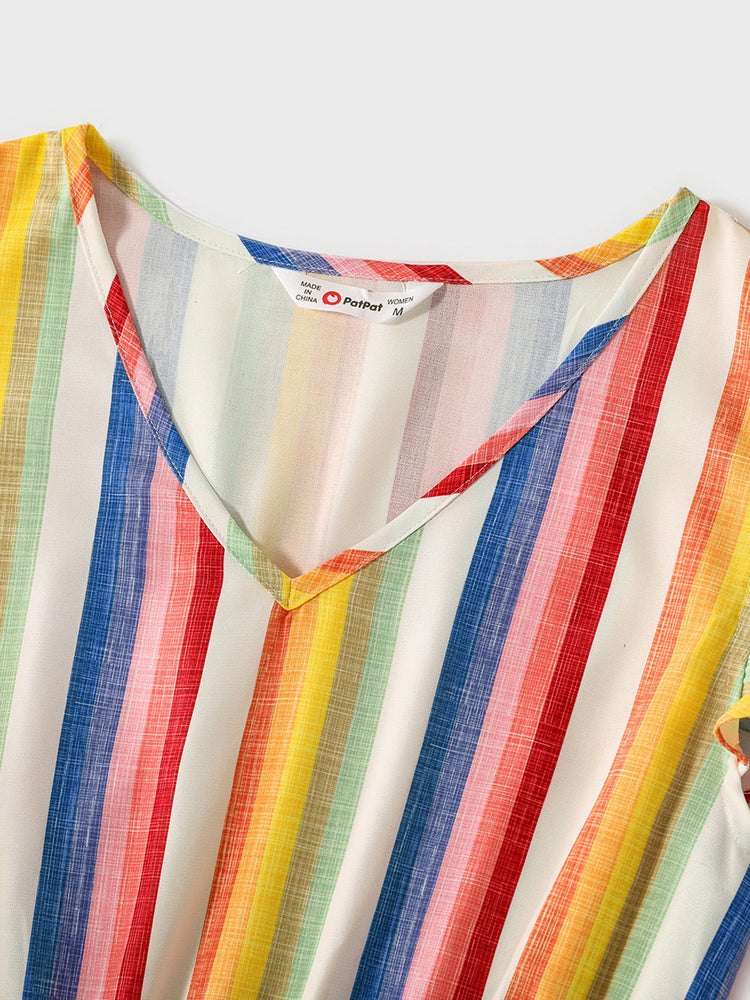 Family Matching Colorful Striped V Neck Flutter-sleeve Dresses and Short-sleeve T-shirts Sets COLOREDSTRIPES