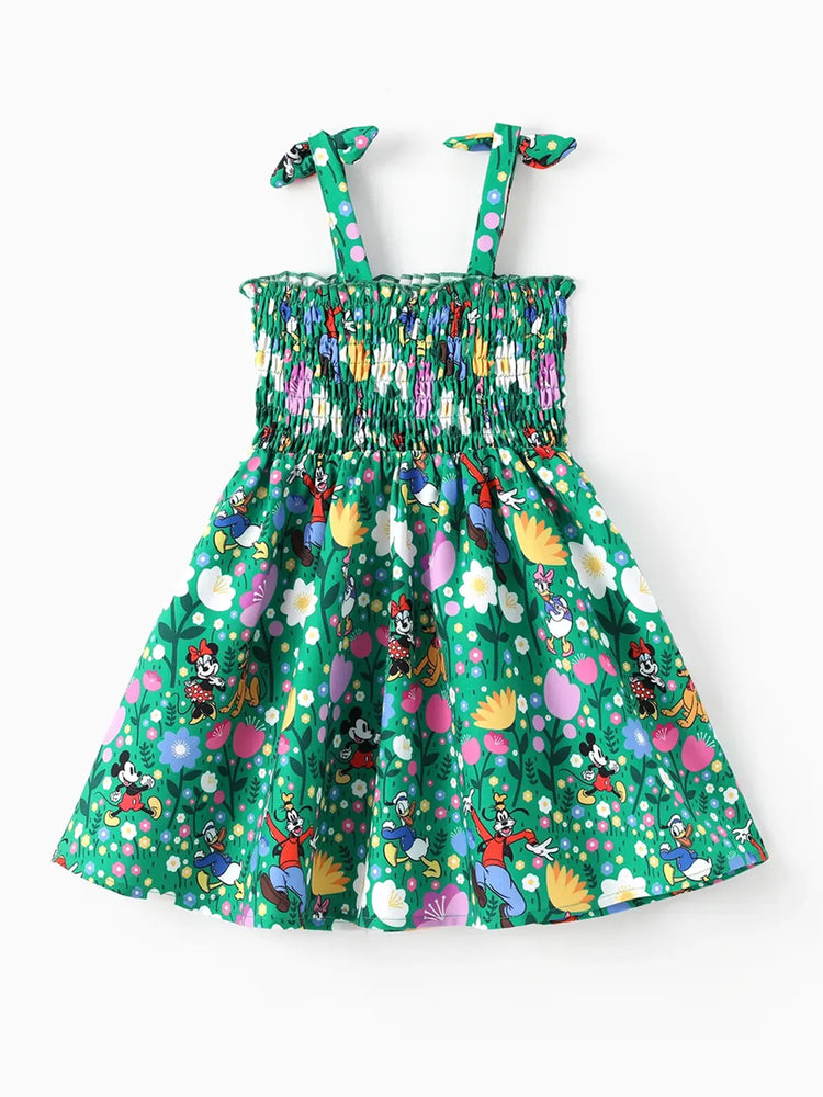Disney Mickey and Friends Toddler Girl 1pc Minnie Floral Allover Print Bowknot Smocked Sundress Green