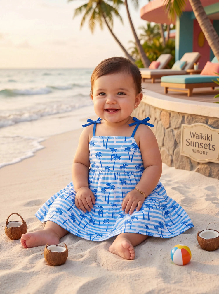 Ocean Vibes Baby Girl Palm Tree Dress Blue