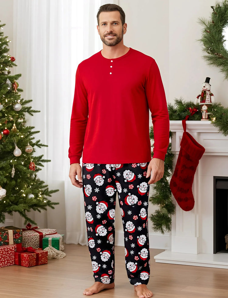Christmas Matching Family Pajamas Set Cartoon Christmas Claus Print Long-sleeve PJS with Christmas Socks Black