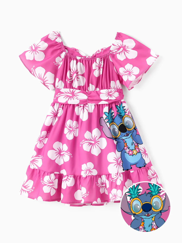 Disney Stitch Kid Girl Floral/Palm Tree Print Ruffled Babydoll Dress Hot Pink