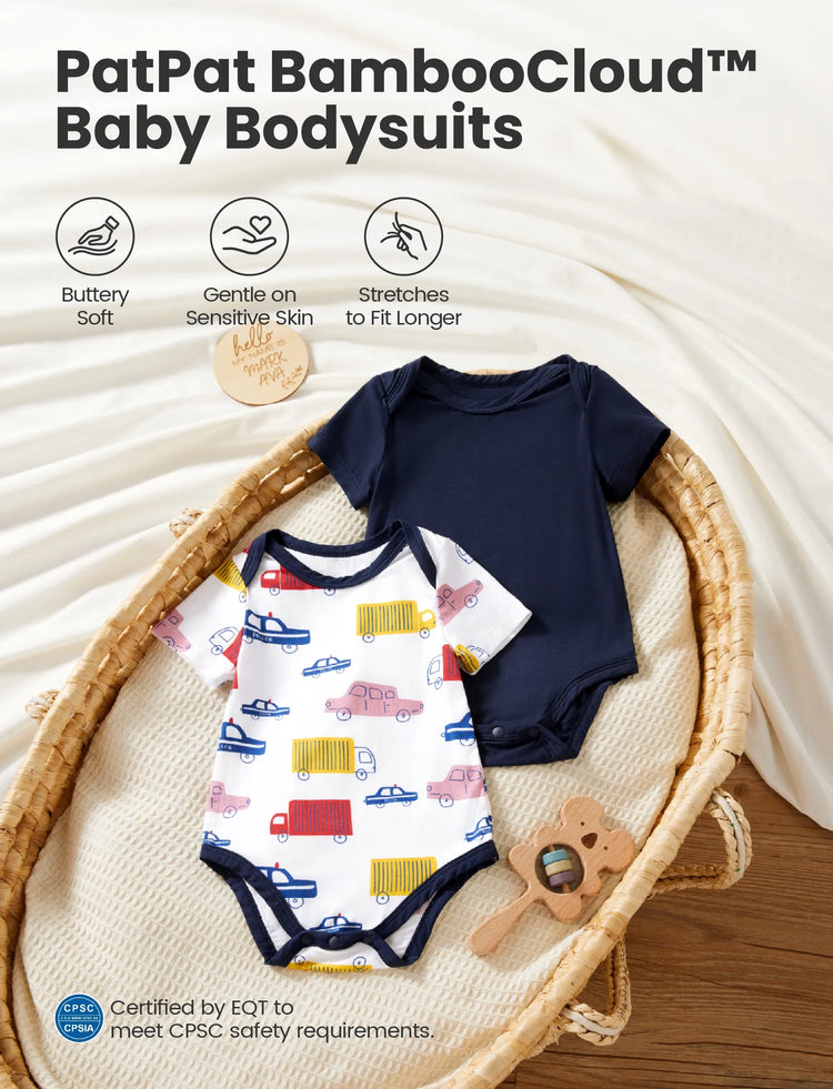 Bamboo Baby Boy/Girl 2-Pack Solid&Printed Rompers Set Deep Blue