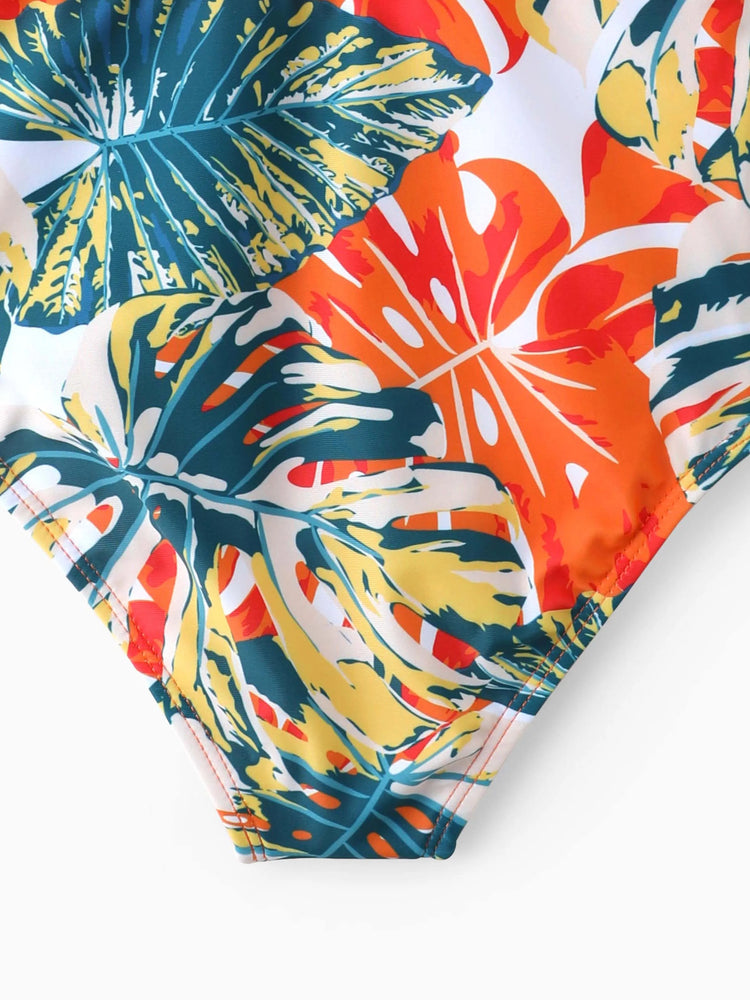 Daddy & Daughter Orange and All Over Tropical Plant Print Splicing Ruffle One-Piece Swimsuit and Swim Trunks Shorts Orange color