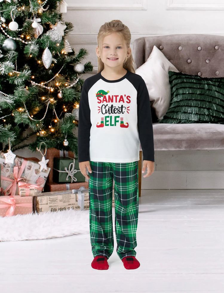 Weihnachts-Passendes Familienpyjama-Set SANTA'S Cutiest ELF Letterprint Langärmeliger grüner Gitterpyjamas mit Weihnachtssocken grün