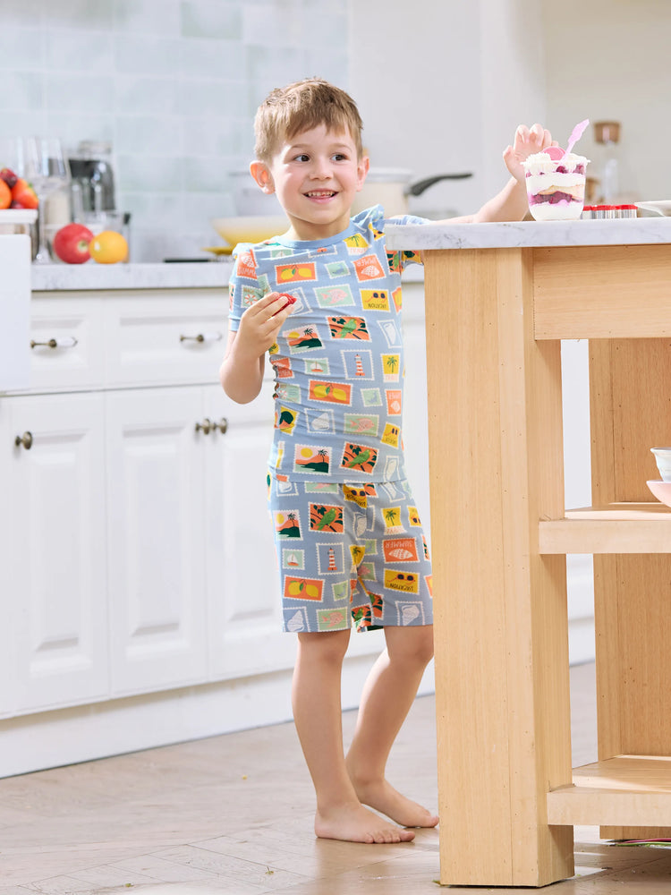 Pijamas familiares de bambú para mamá y niña con estampado de tema vacacional, pijama de manga corta a juego (ajustado para niños) Bloque de color