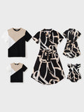 Familienpassendes Farbblock-Baumwoll-T-Shirt oder modernes Kurzarmkleid mit abstraktem Druck und Taillengürtel schwarz