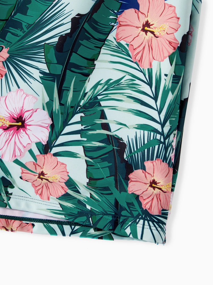 Toddler Boy Plant Print Ruffle Trim Spliced One-piece Swimsuit or Swim Trunks Green