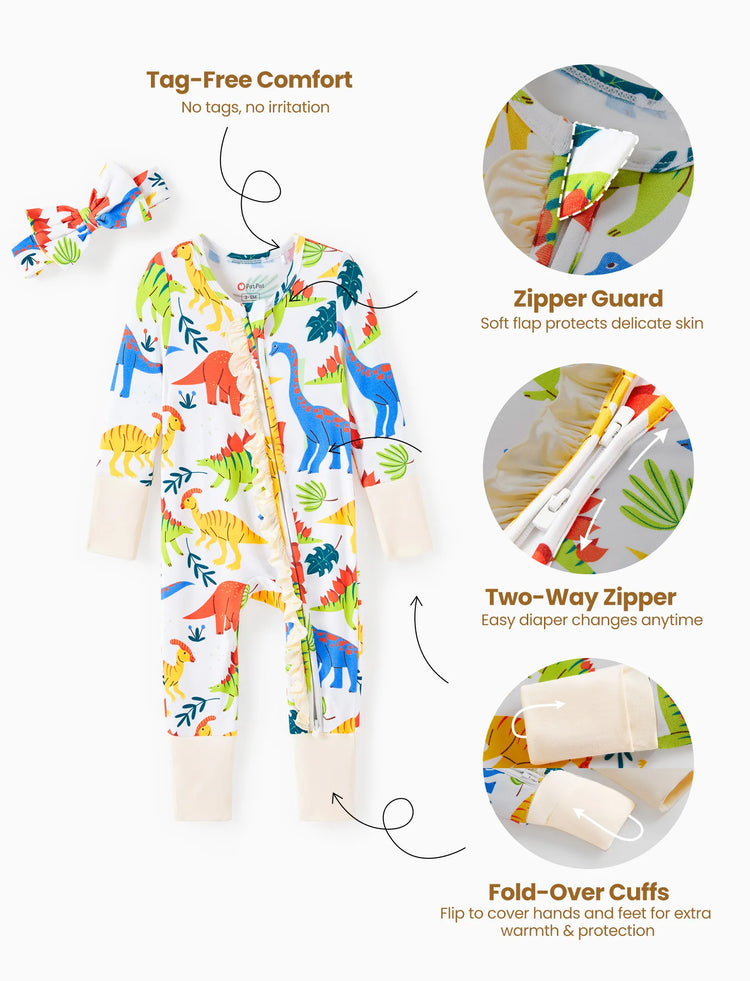 Bamboo Baby Boy/Girl Animal Printed 2-Way Zipper Anti Slip Long-sleeve Footie with Hairband Apricot Yellow