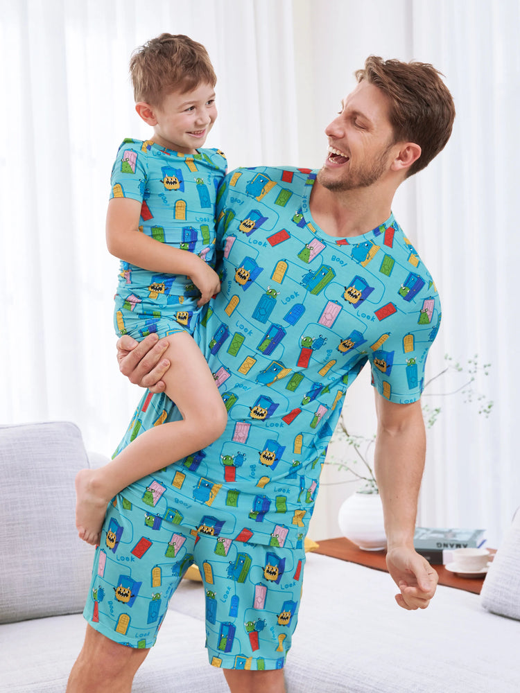 Pyjama familial en bambou imprimé dessin animé, ensemble de pyjama assorti à manches courtes (ajusté pour les enfants) vert