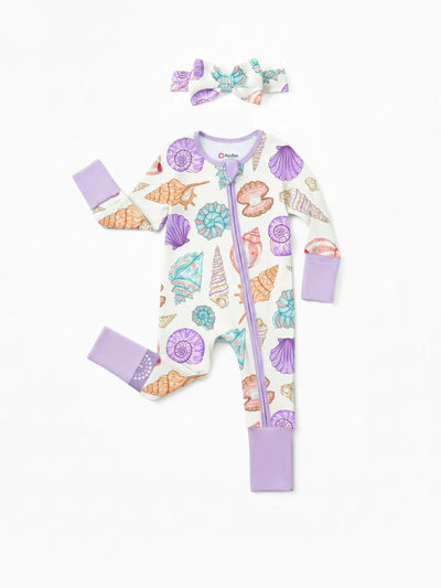 Bamboo Baby Girl Elegant Printed 2-Way Zip Onesies Anti Slip Long-sleeve Footie with Hairband Purple