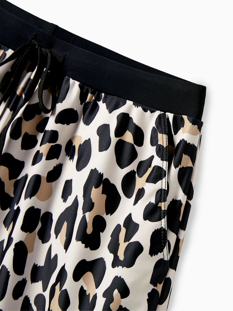 Daddy & Son Leopard Pattern Drawstring Swim Trunks Black