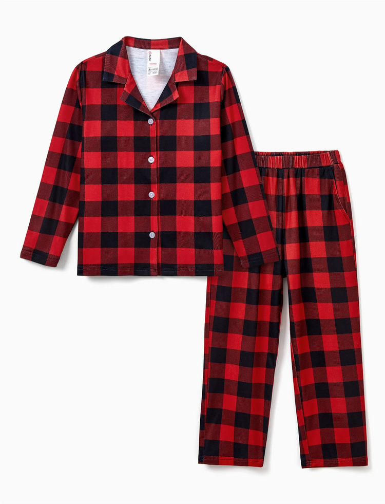 Christmas Matching Family Pajamas Set Allover Red Grid Print Long-sleeve Collared PJS with Christmas Socks Red