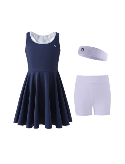 PatPat Rapidair activewear Kid Girl Tennis Dress with Headband & Bamboo Viscose Shorts with Pockets Deep Blue