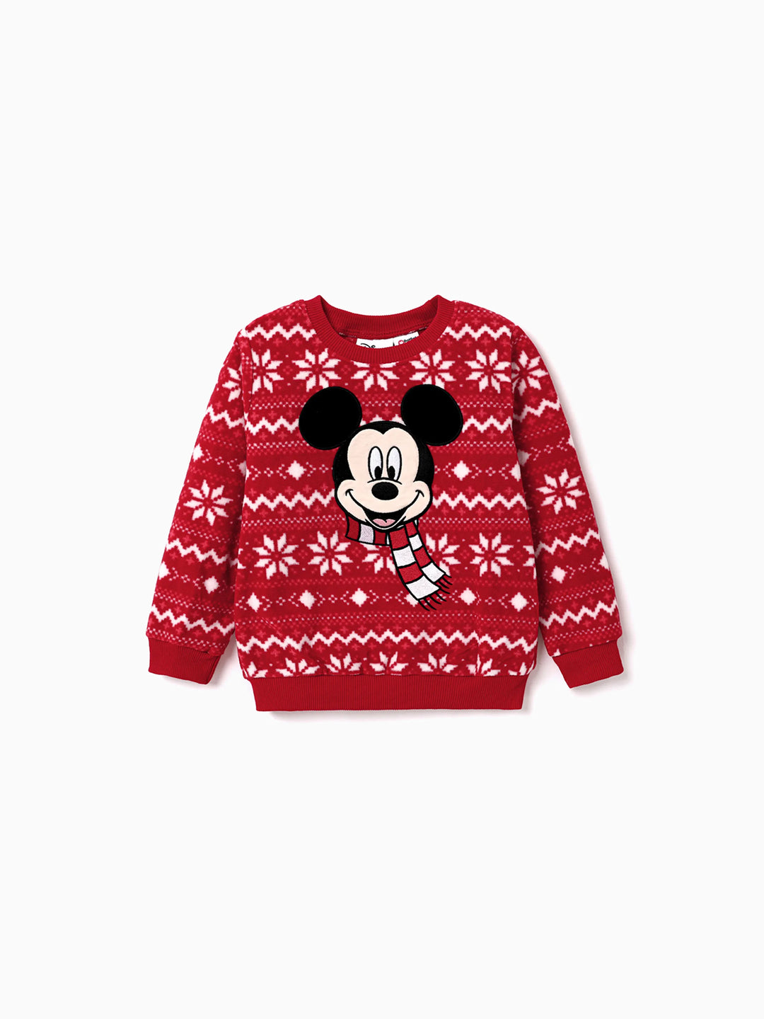 Sudadera de cuello redondo de felpa con estampado de copos de nieve de Disney Mickey y sus amigos para Navidad, color rojo