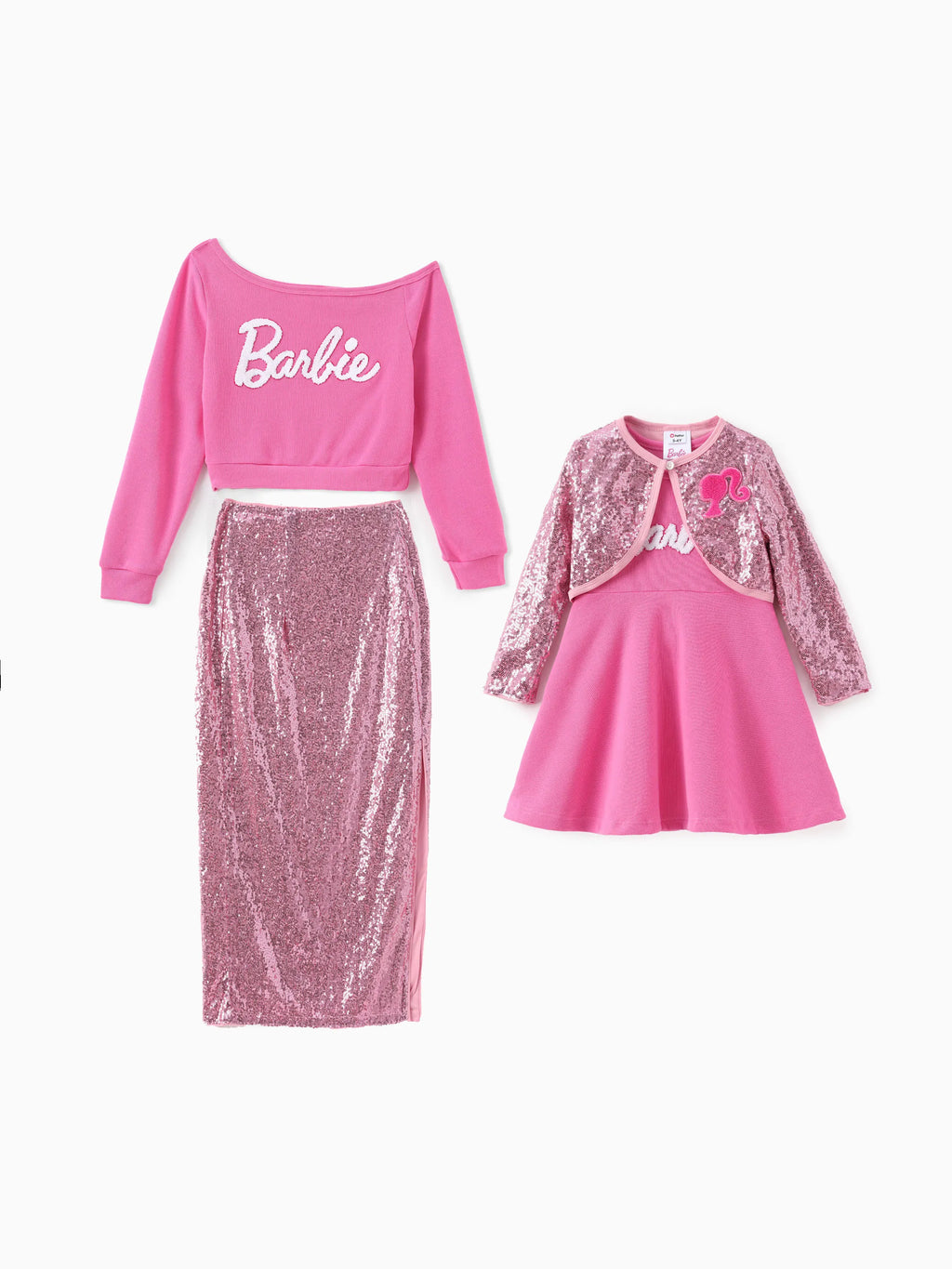 Mamá e hija usando conjunto a juego de sudadera con frente inclinado Barbie y falda maxi con lentejuelas en tono roseo - atuendo de cena del Día de la Madre de Patpat
