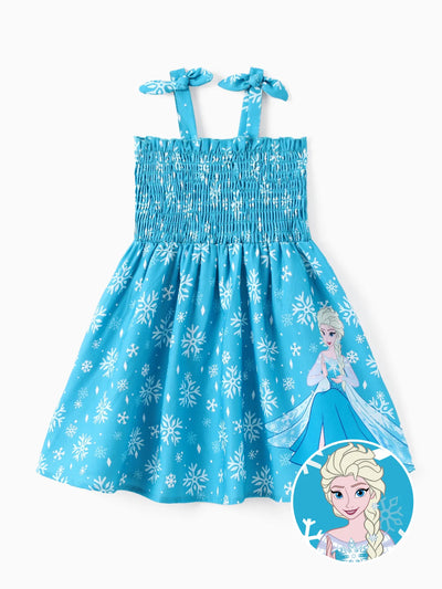 Disney Frozen Toddler Girl Elsa Snowflake Print Bowknot Smocked Dress Sky blue