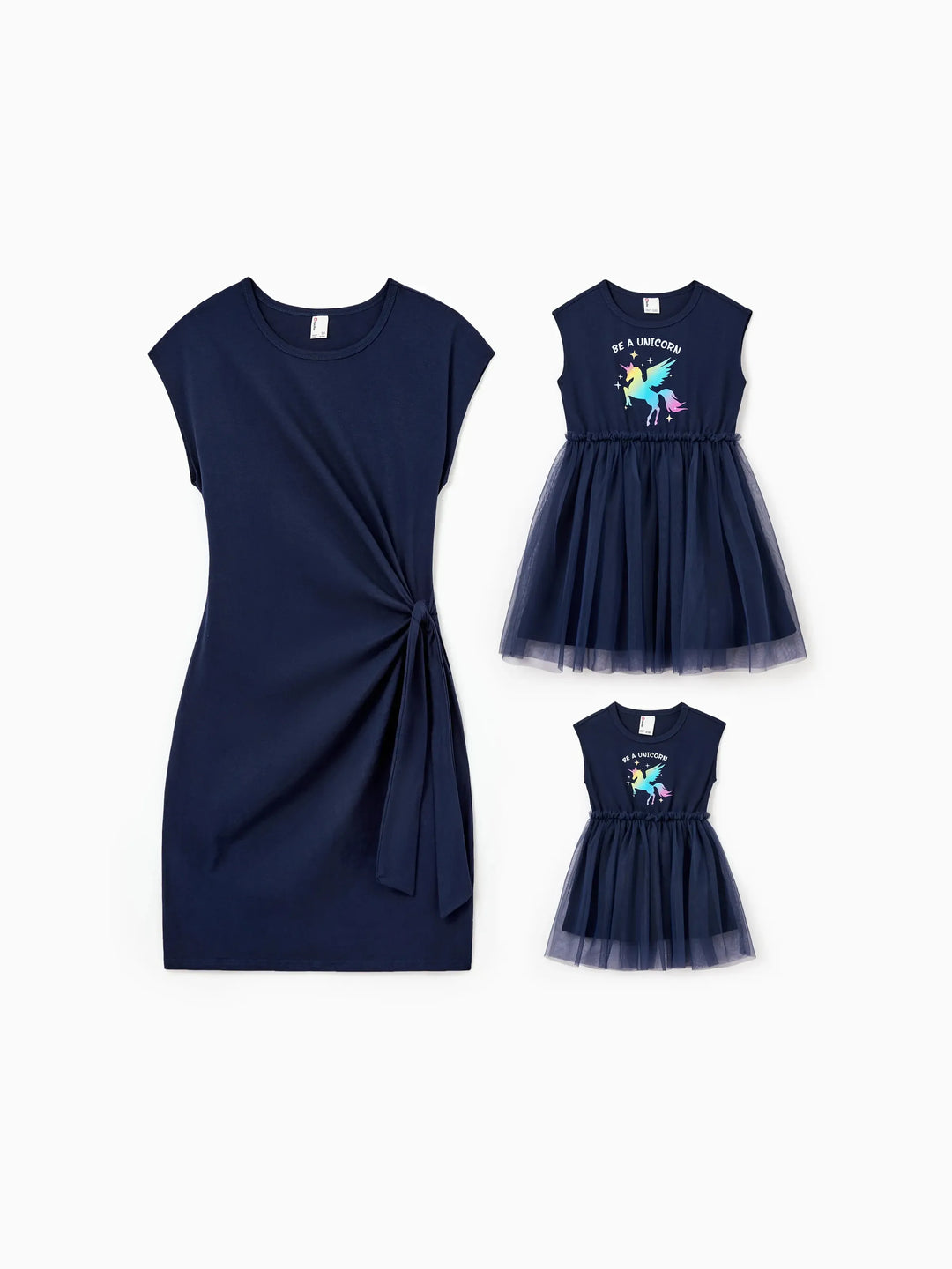Robes en coton à nœud avec jupe en tulle imprimé licorne pour tout-petits/filles, Parfaites pour sorties en famille & photos Bleu profond