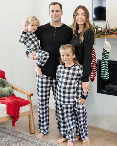 Christmas Matching Family Pajamas Set Allover Black Grid Print Long-sleeve PJS with Christmas Socks Black