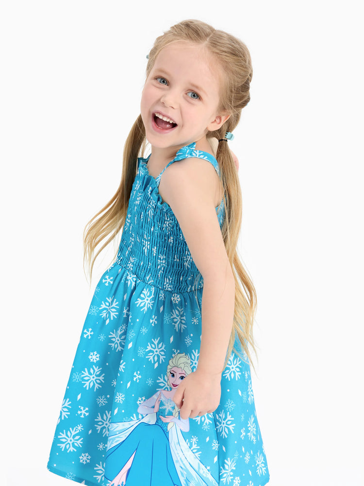 Robe à smocks et nœud papillon pour petite fille Disney La Reine des Neiges, motif flocon de neige Elsa, bleu ciel