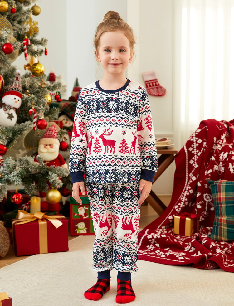 Christmas Family Matching Allover Print Long-sleeve Pajamas Sets (Flame Resistant) BLUEWHITE