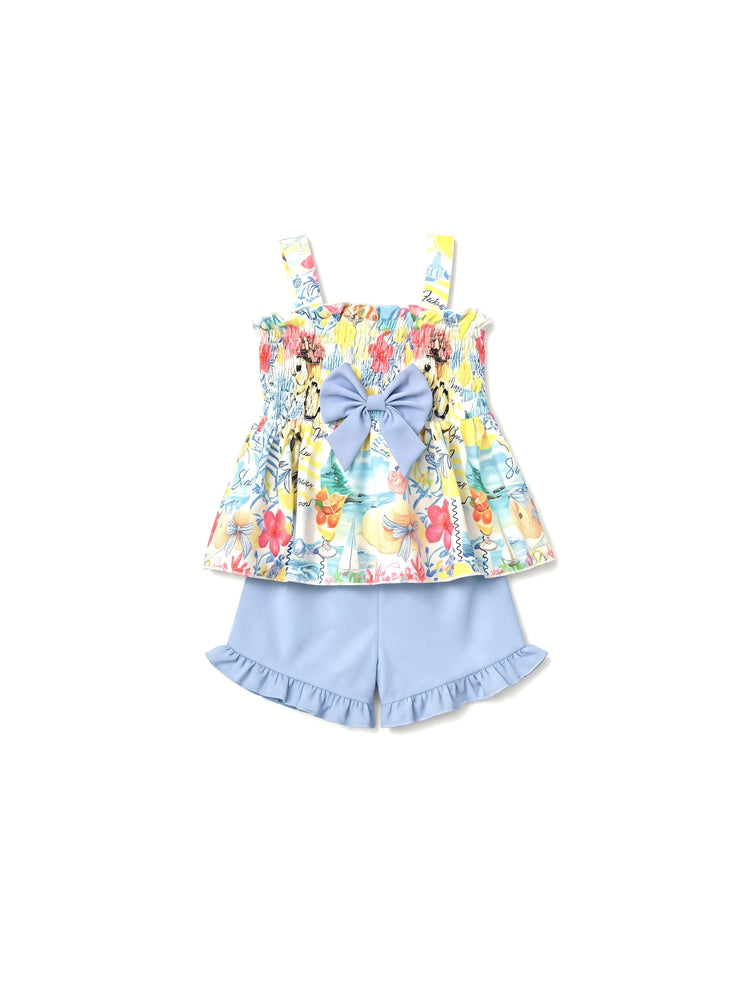 Ocean Vibes Toddler Girl Bow Ruffle Top & Shorts Set Blue