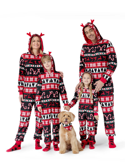 Pyjama de Noël à capuche et fermeture éclair, motif renne 3D, tenues familiales assorties, rouge/noir