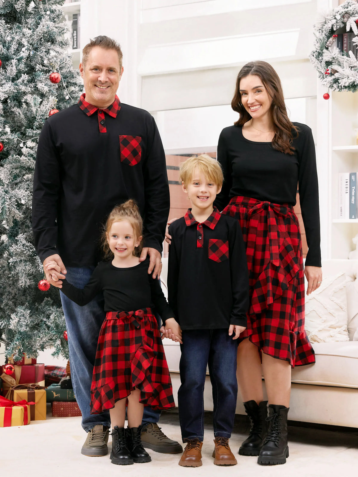 Matching Family Outfits Red Plaid Co ord Sets Hi Low Flowy Hemline redblack