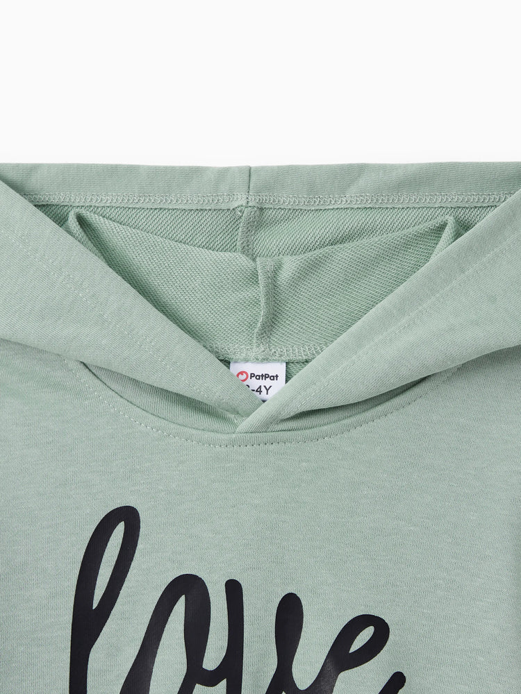 Mommy and Me Letter Print Green Long-sleeve Hoodie Dresses Light Green