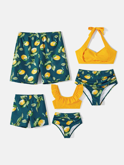 Family Matching Allover Lemon Print and Solid Halter Neck Two-piece Swimsuit or Swim Trunks Shorts Multi-color