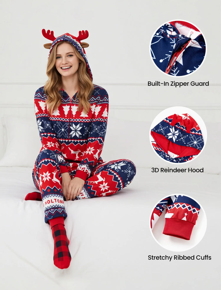 Christmas Matching Family Pajamas Set 3D Reindeer Hooded Allover Snowflake Print Red and Blue Onesie PJS with Christmas Socks Red-2