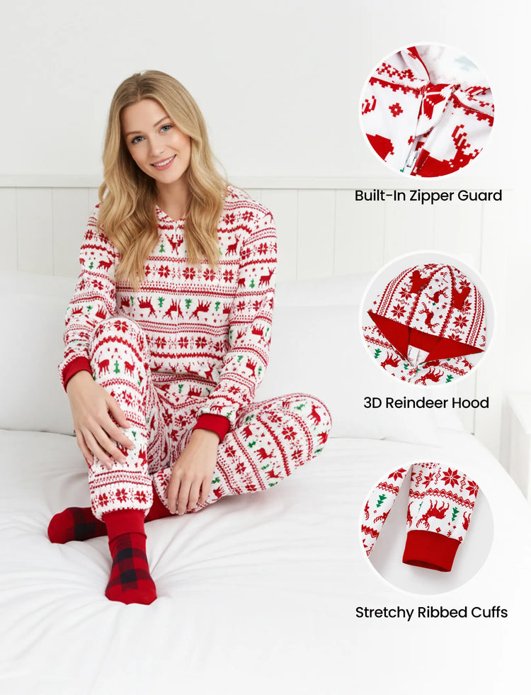 Christmas Matching Family Pajamas Set 3D Reindeer Hooded Allover Snowflake and Reindeer Print Red and White Onesie PJS with Christmas Socks Red+White