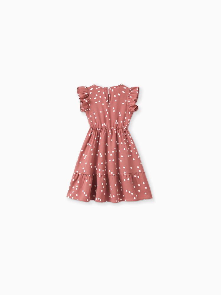Robe cache-cœur rose à pois croisés, col en V, volants et manches flottantes pour maman et moi PinkyWhite