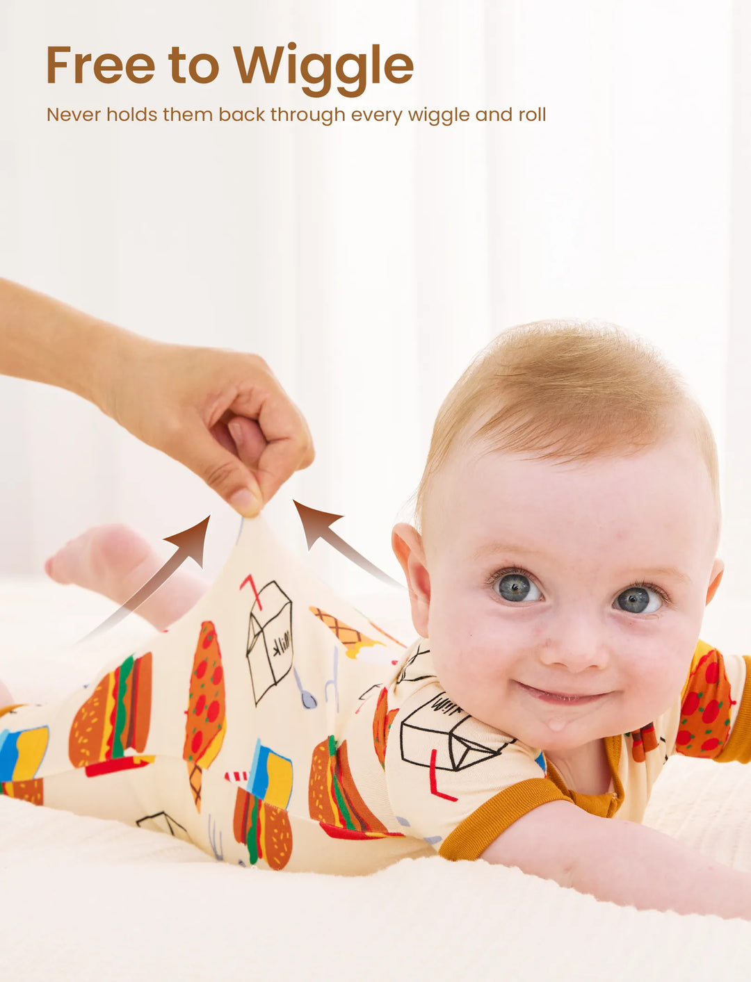 Bambus Baby Jungen/Mädchen 2-Wege Reißverschluss-Strampler mit Anti-Rutsch und kindlichem Essensmuster, Bambus-Schlafanzug (eng anliegend), Braun