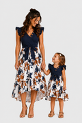 Mommy and Me Family Matching Casual Dress Solid Color, Fabric Stitching royalblue