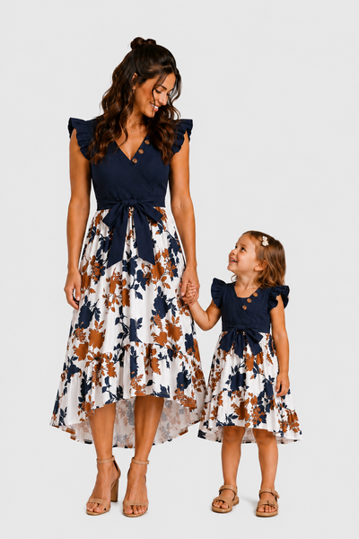 Mommy and Me Family Matching Casual Dress or T-Shirt, Solid Color, Fabric Stitching royalblue