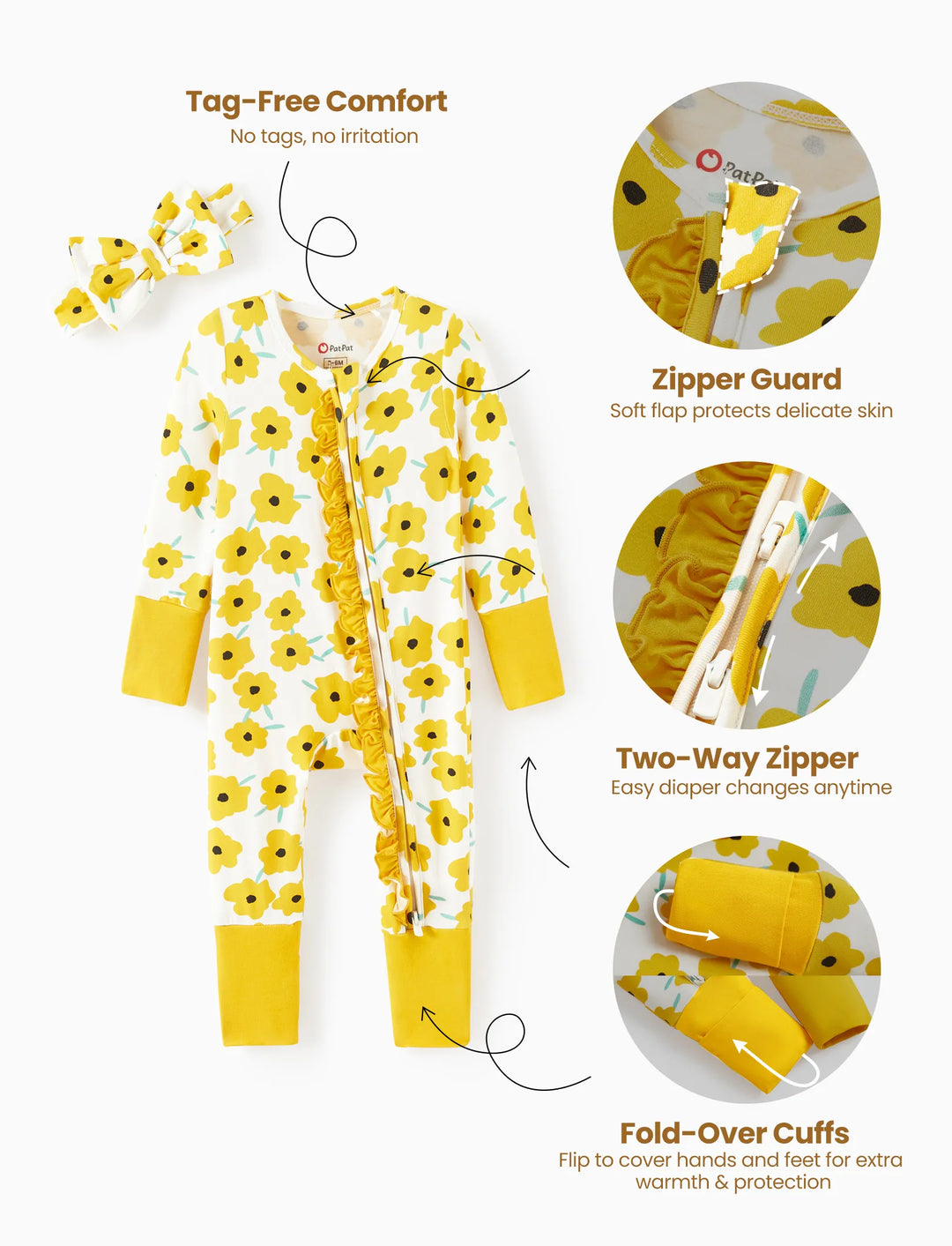 Pijama de bambú para bebé niño/niña con estampado de animales, cremallera bidireccional, antideslizante, de manga larga y con banda para el pelo, amarillo