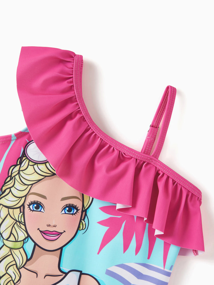 Barbie Mommy & Me Girls Ruffled Tropical Floral Print Swimsuit Hot Pink