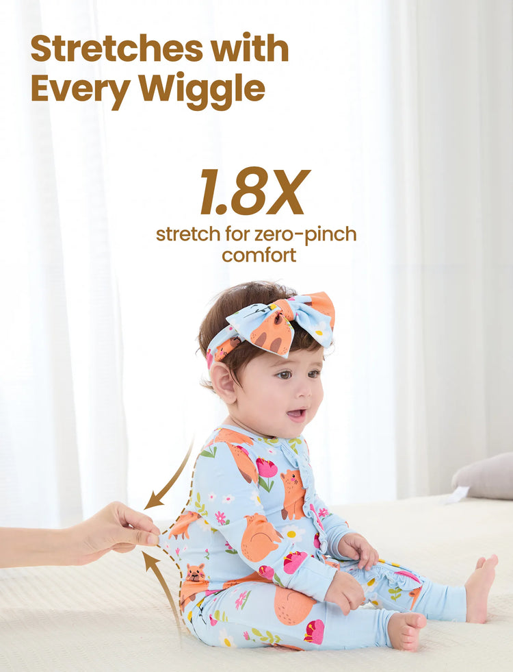 Bamboo Baby Boy/Girl Animal Printed 2-Way Zipper Anti Slip Long-sleeve Footie with Hairband Turquoise