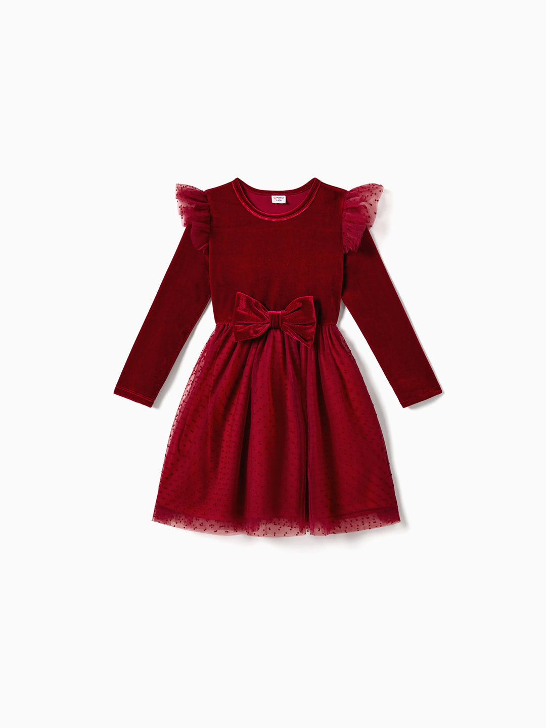 Conjuntos navideños familiares de blusas de manga larga con bloques de color y vestidos de terciopelo burdeos