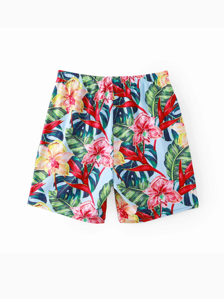 Daddy and Me Family Matching Floral Drawstring Swim Trunks or Ruched Shell Edge Bikini with Optional Swim Cover Up Red