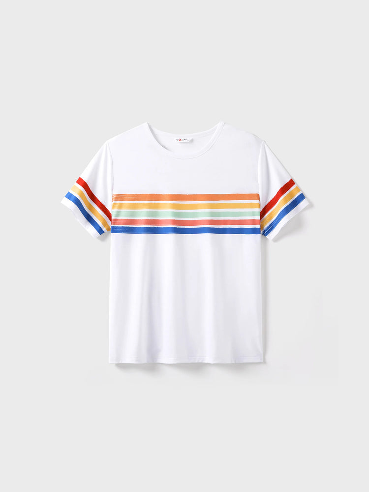 Family Matching Colorful Striped V Neck Flutter-sleeve Dresses and Short-sleeve T-shirts Sets COLOREDSTRIPES