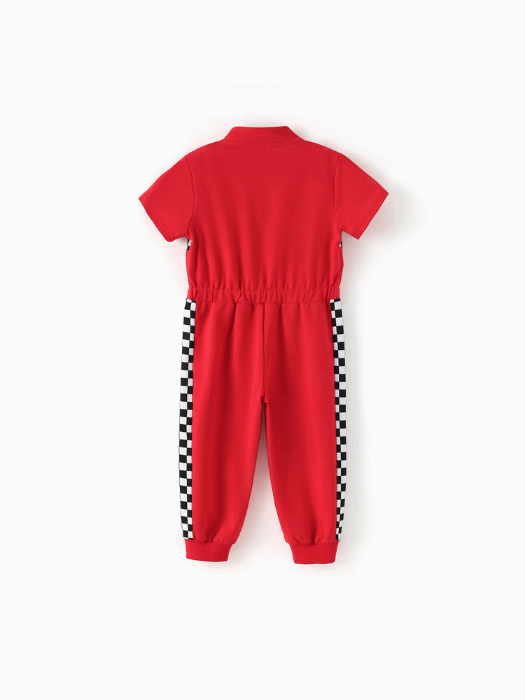 Cars Toddler Boy Zipper Design Checkerboard Short-sleeve Jumpsuit Red
