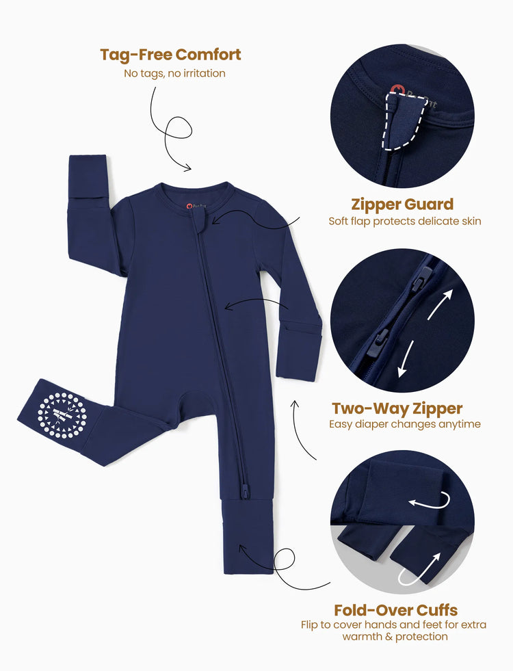 Bambus Baby Junge / Mädchen 3er-Pack Fest & Regenbogen Bedruckt 2-Wege-Reißverschluss Strampler Anti-Rutsch Langarmfußball dunkelblau