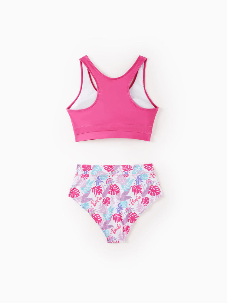 Barbie Mommy & Me Girls Ruffled Tropical Floral Print Swimsuit Hot Pink