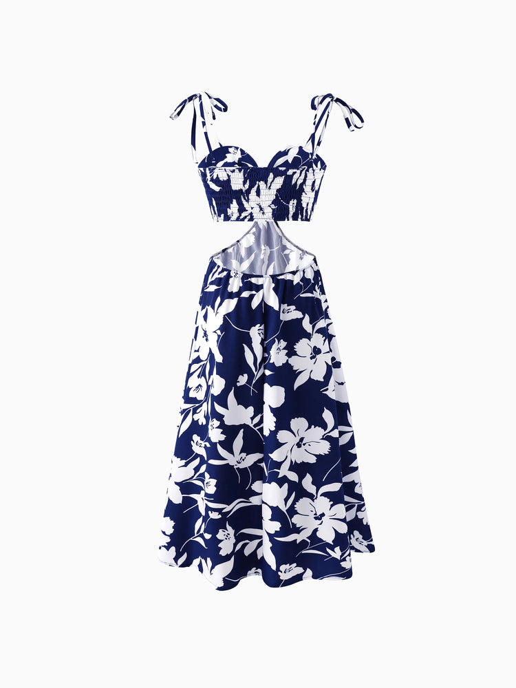 Ensemble familial assorti avec chemise à manches courtes ou robe froncée à imprimé feuilles bleu