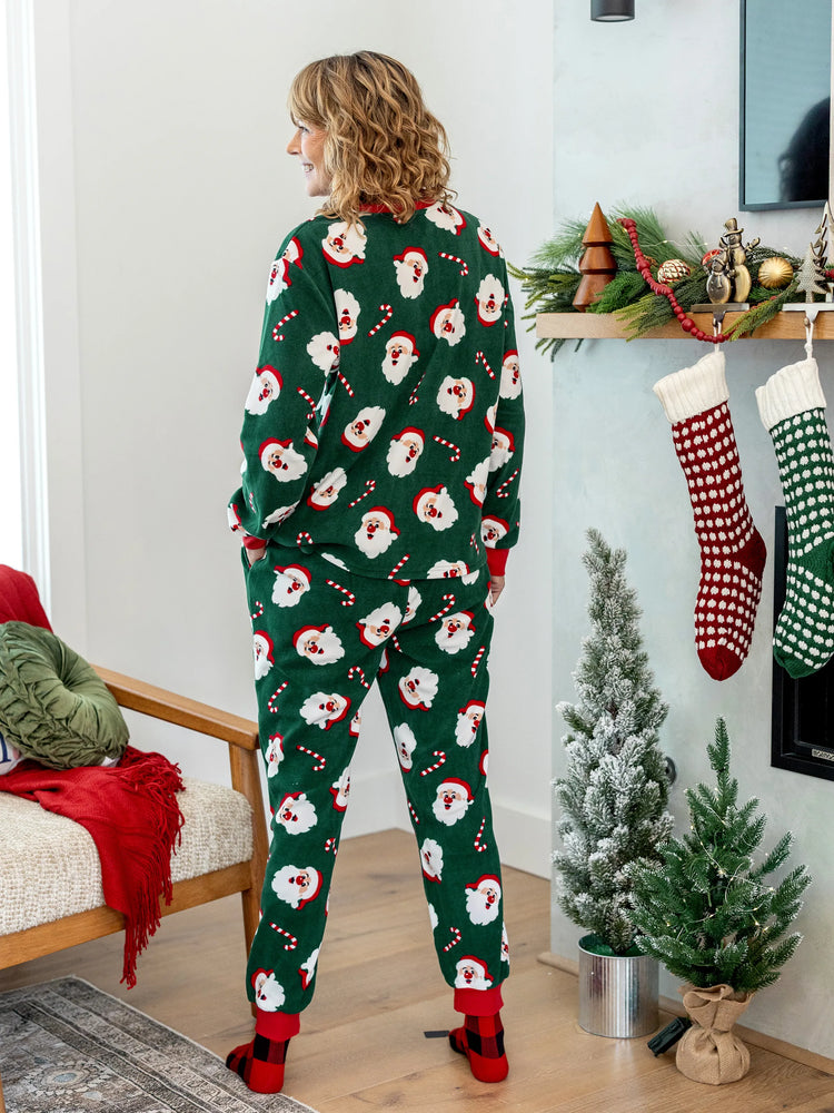 Ensemble de pyjama familial assorti de Noël en polaire, imprimé Père Noël et canne à sucre, avec chaussettes de Noël, vert foncé