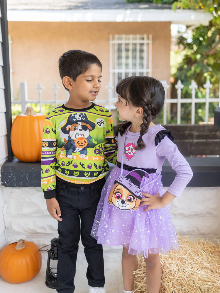 Ensemble 2 pièces Paw Patrol pour petite fille, robe d'Halloween à manches longues en tulle et sac ou chapeau Skye, violet