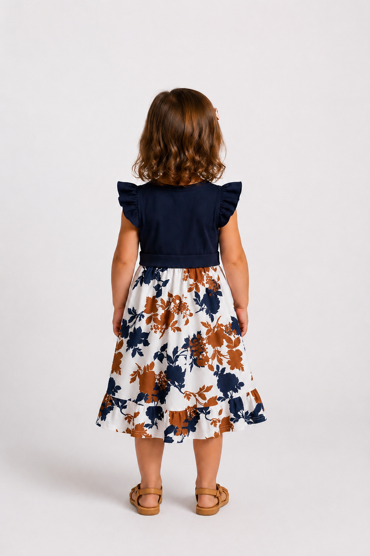 Mommy and Me Family Matching Casual Dress Solid Color, Fabric Stitching royalblue