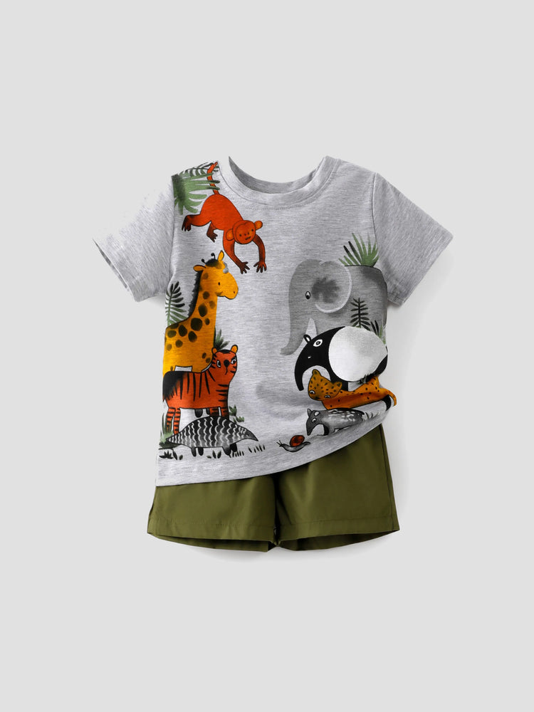Ensemble 2 pièces t-shirt et short à imprimé animal ludique pour tout-petit garçon, gris